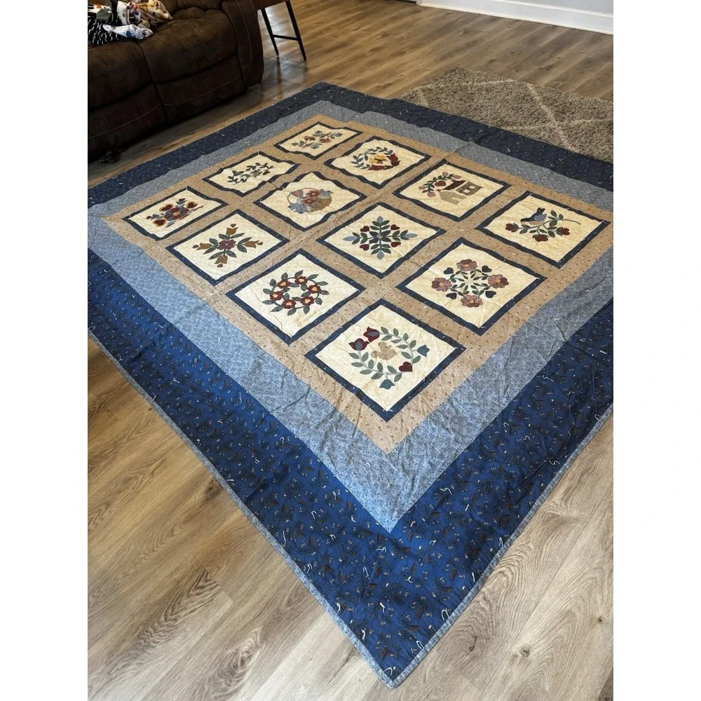 Vintage Handmade Applique Folk Art Quilt King Queen 106x89‎ Floral Country Home